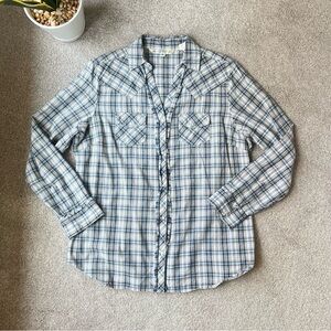 Vintage Pearl Snap Size XL Blue Cream and Tan Plaid Fits 12/14